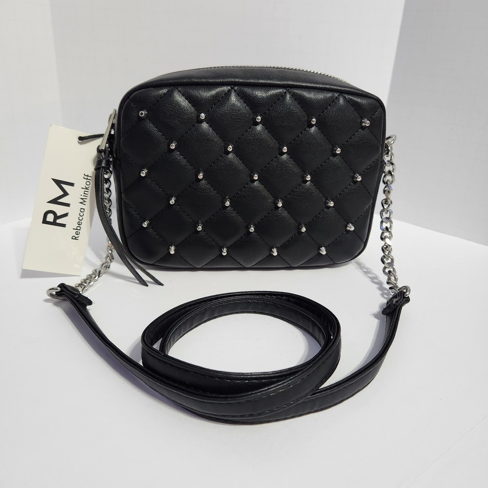 NWT Rebecca Minkoff Diamond Quilt Studded Top-Zip Crossbody Bag Black NEW